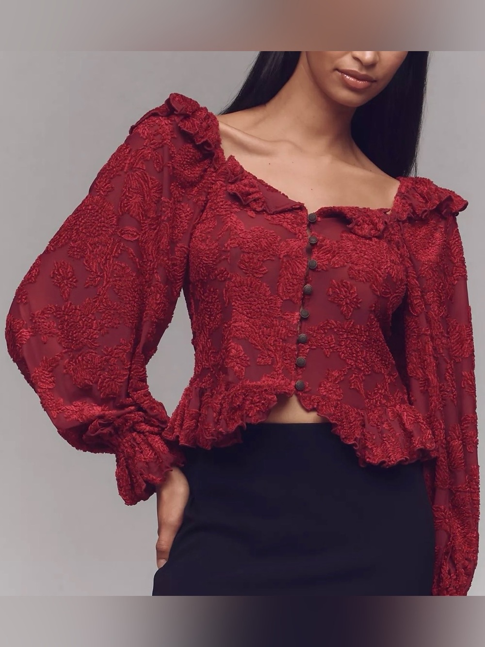 Anthropologie Velvet Burnout Peasant Red Ruffle Balloon Sleeve Top Size XXS